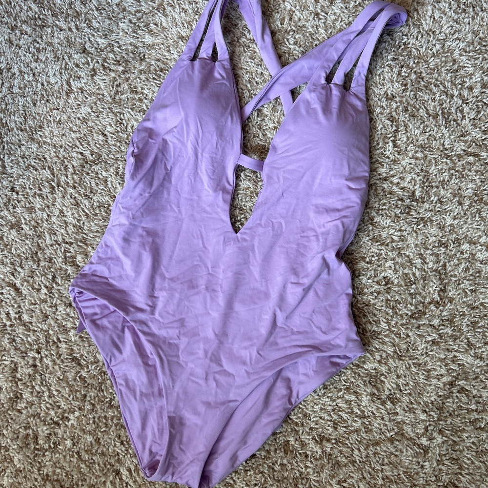 BECCA by Rebecca Virtue Fine Line Rib Skylar Plunge One-Piece Swimsuit Orchid